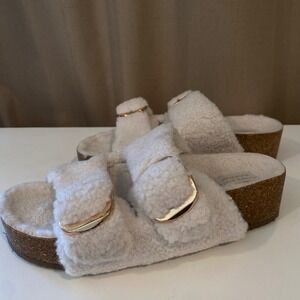 Altar'd State Cream Sherpa Slides Sandals Gold Buckle‎ Detail
